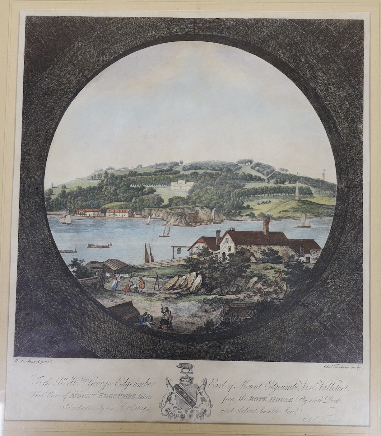 W. Tomkins, coloured engraving, View of Mount Edgcumbe from The Rope House, Plymouth Dock, 32 x 36cm and a reprinted engraving of Plymouth Sound, 39 x 32cm